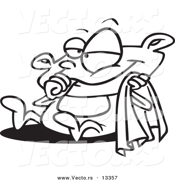 Vector of a Cartoon Baby Holding a Blanket and Sucking His Thumb - Coloring Page Outline