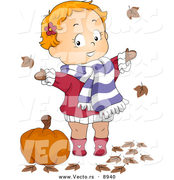 Vector of a Cartoon Baby Playing in Autumn Leaves Beside a Pumpkin