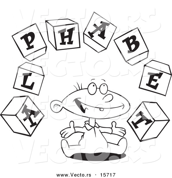 Vector of a Cartoon Baby Playing with Alphabet Blocks - Coloring Page Outline