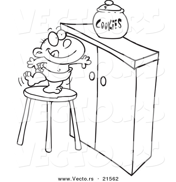 Vector of a Cartoon Baby Trying to Get a Cookie Jar - Outlined Coloring Page