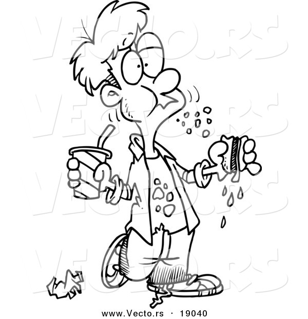 Vector of a Cartoon Bad Mannered Boy Eating a Sloppy Sandwich - Outlined Coloring Page
