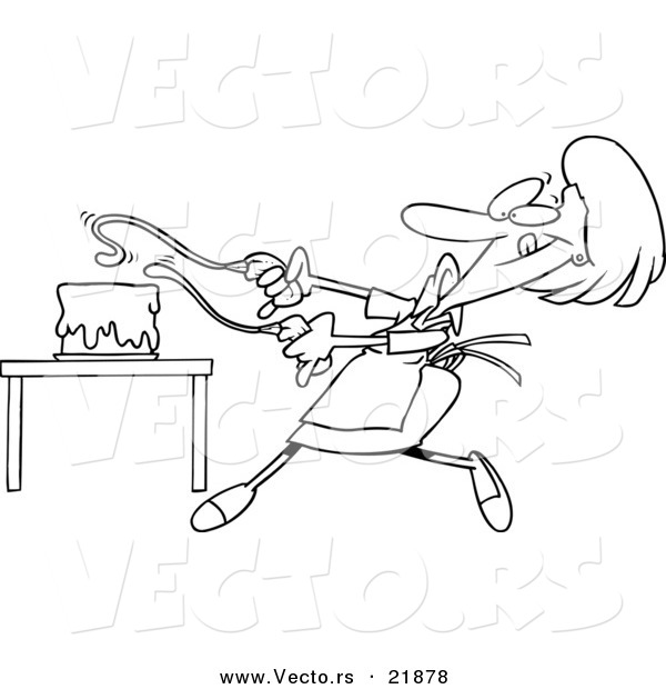 Vector of a Cartoon Baker Woman Decorating a Cake - Outlined Coloring Page