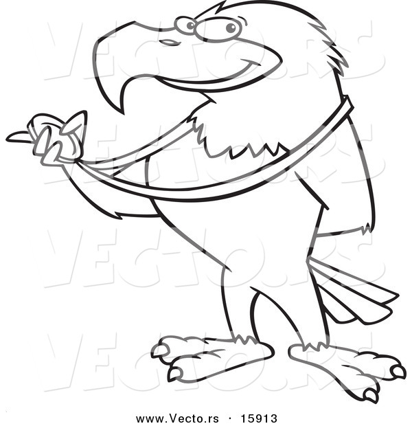 Vector of a Cartoon Bald Eagle Holding a Medal - Outlined Coloring Page Drawing