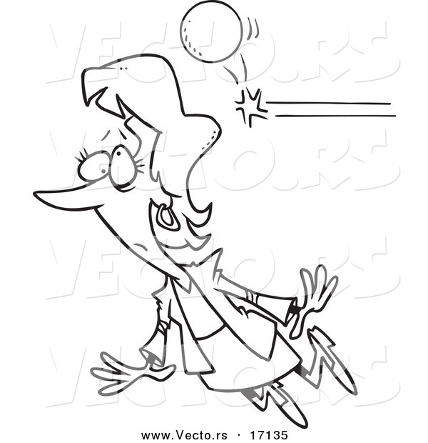 Vector of a Cartoon Ball Knocking out a Businesswoman - Coloring Page Outline