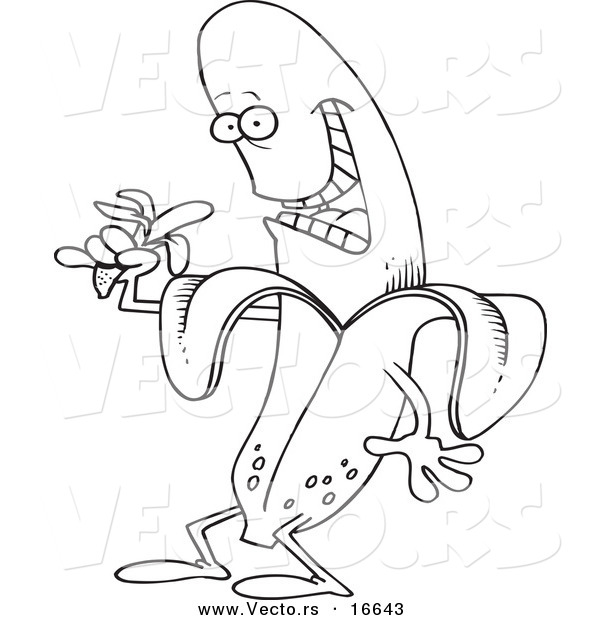 Vector of a Cartoon Banana Character Eating a Banana - Outlined Coloring Page Drawing