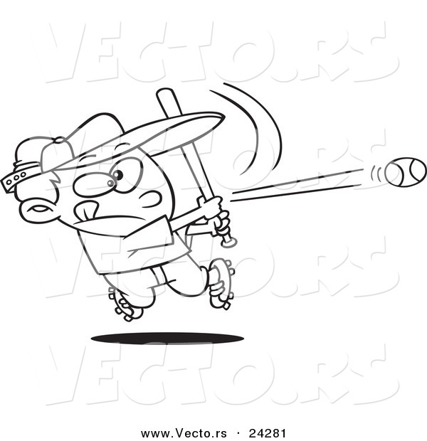 Vector of a Cartoon Baseball Boy Hitting a Home Run - Outlined Coloring Page