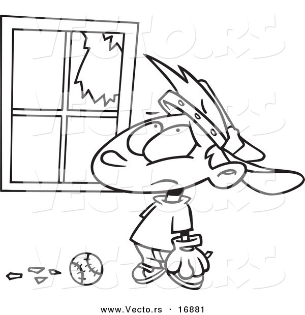 Vector of a Cartoon Baseball Boy Looking at a Broken Window - Coloring Page Outline