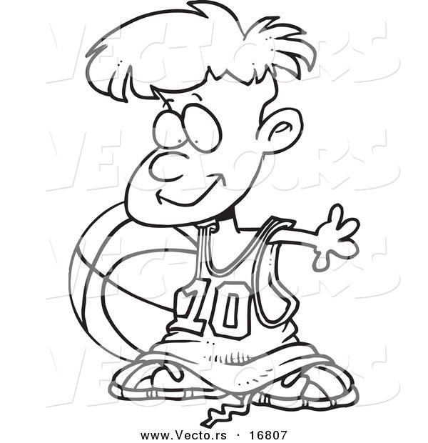 Vector of a Cartoon Basketball Boy with a Big Ball - Coloring Page Outline