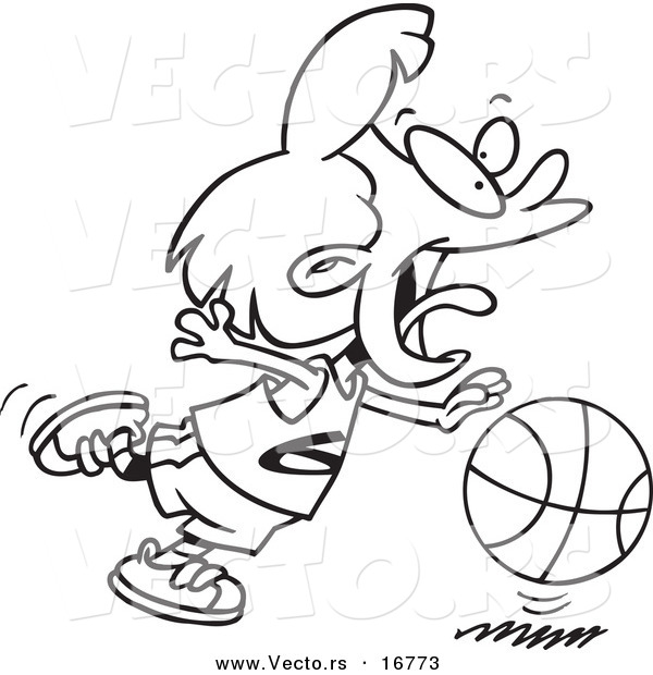 Vector of a Cartoon Basketball Girl Dribbling - Coloring Page Outline
