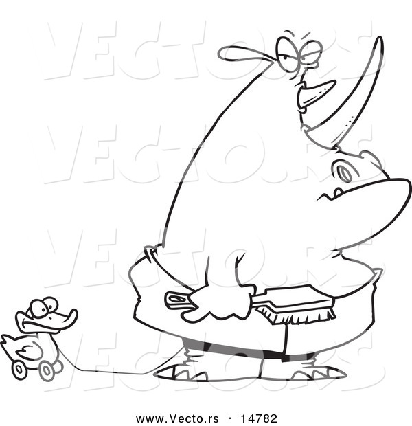 Vector of a Cartoon Bath Time Rhino in a Towel, Pulling a Rubber Ducky and Holding a Brush - Coloring Page Outline