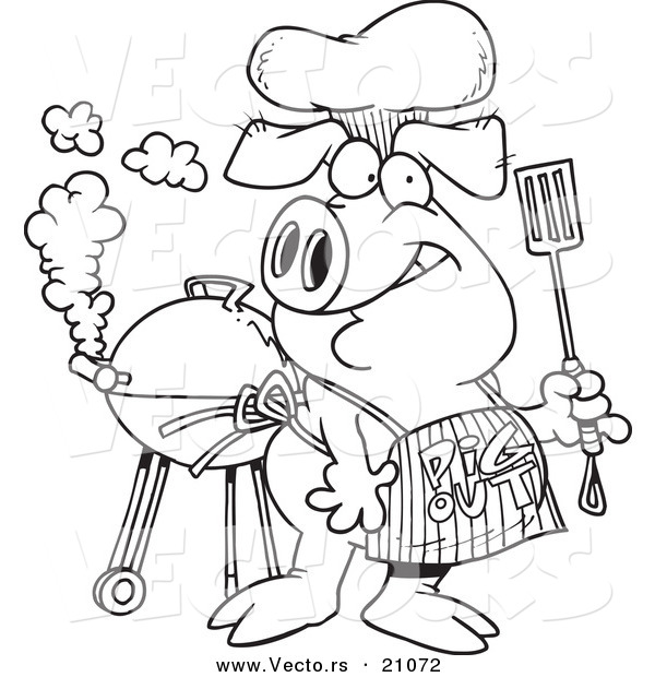 Vector of a Cartoon Bbq Pig Wearing a Pig out Apron - Coloring Page Outline
