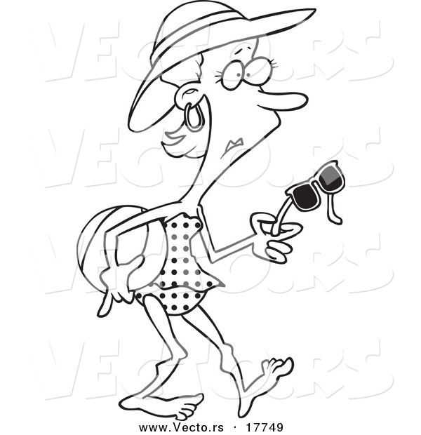 Vector of a Cartoon Beach Woman with a Raccoon Eye Tan - Outlined Coloring Page