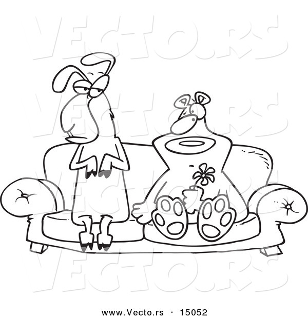 Vector of a Cartoon Bear and Llama Couple on a Couch - Coloring Page Outline
