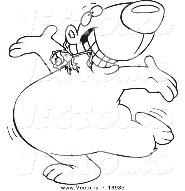 Vector of a Cartoon Bear Dancing with a Flower in His Teeth - Coloring Page Outline