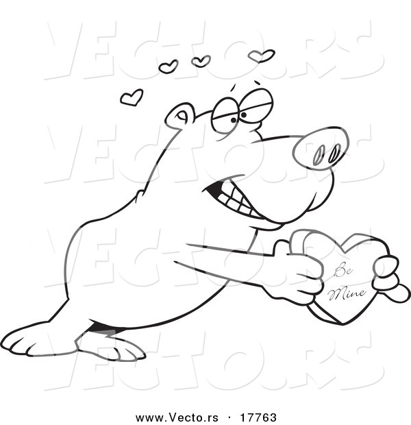 Vector of a Cartoon Bear Holding a Be Mine Heart Box - Outlined Coloring Page