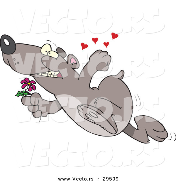 Vector of a Cartoon Bear Running with a Flower and Love Hearts