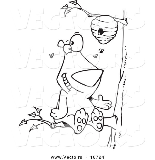 Vector of a Cartoon Bear Sitting on a Branch and Getting Honey - Outlined Coloring Page