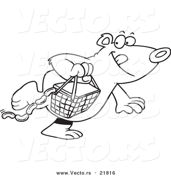 Vector of a Cartoon Bear Stealing a Picnic Basket - Outlined Coloring Page