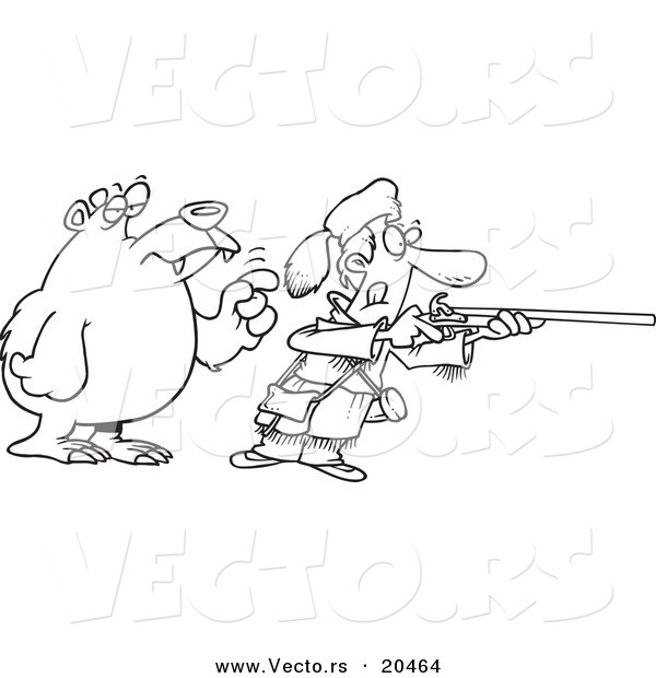 Vector of a Cartoon Bear Tapping a Hunter on the Shoulder - Coloring Page Outline