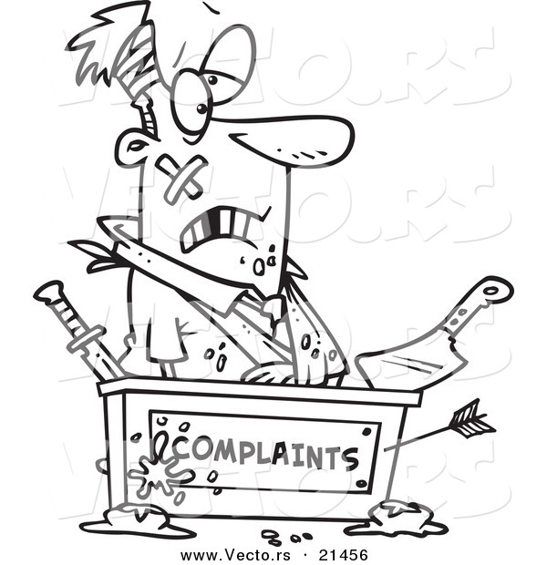 Vector of a Cartoon Beat up Businessman at a Complaints Desk - Outlined Coloring Page