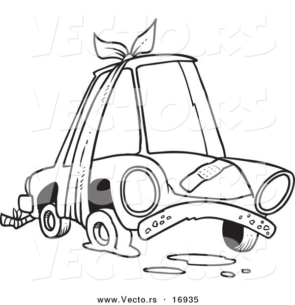 Vector of a Cartoon Beater Car with Bandages and Flat Tire - Coloring Page Outline