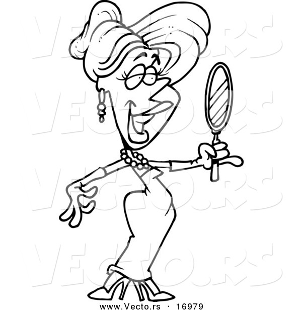 Vector of a Cartoon Beautiful Blond Woman Using a Hand Mirror - Coloring Page Outline