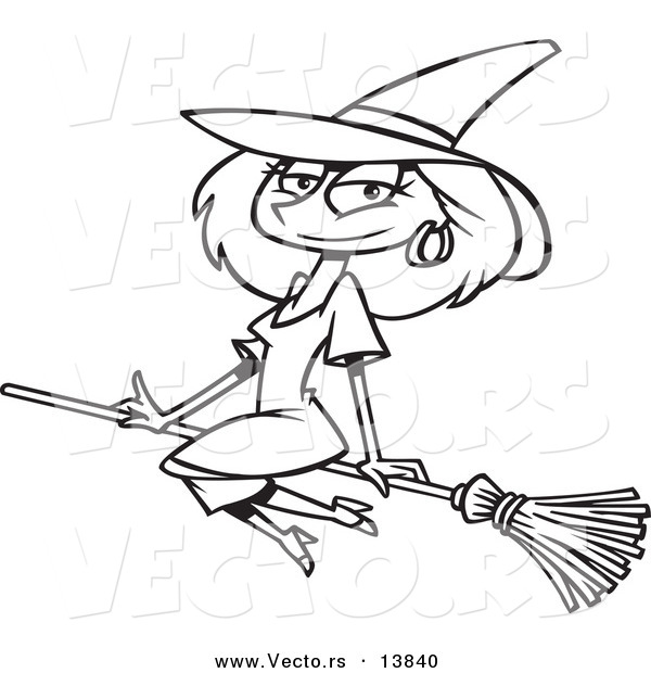 Vector of a Cartoon Beautiful Witch Sitting on Her Broomstick - Coloring Page Outline