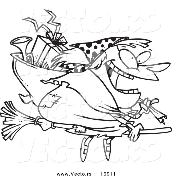 Vector of a Cartoon Befana Witch Flying with Gifts - Coloring Page Outline