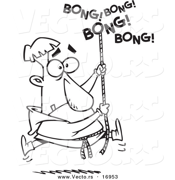 Vector of a Cartoon Bell Ringer Man Holding onto a Rope - Coloring Page Outline