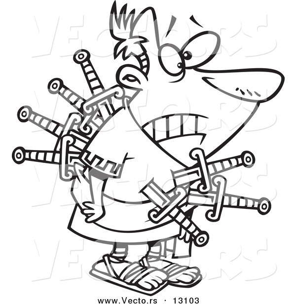 Vector of a Cartoon Betrayed Caesar Stabbed with Swords on the Ides of March - Outlined Coloring Page