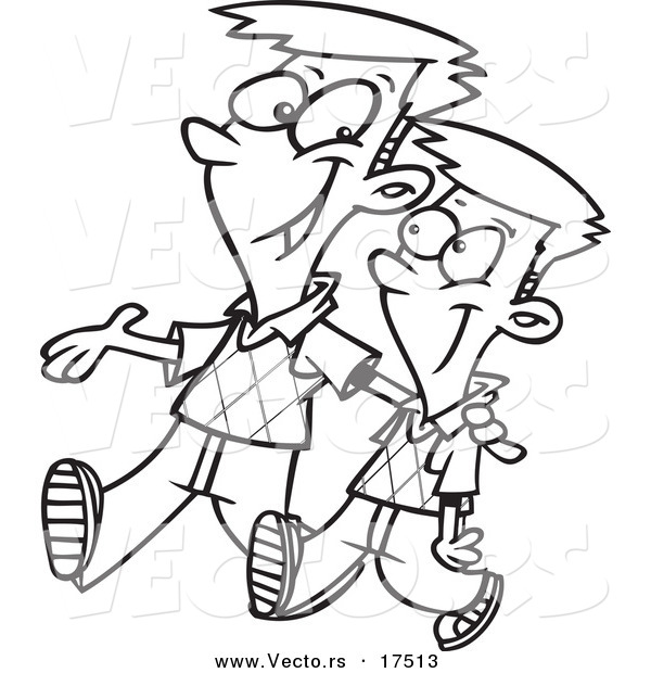 Vector of a Cartoon Big Brother Walking with His Little Brother - Coloring Page Outline