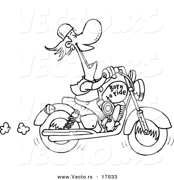 Vector of a Cartoon Biker Laughing on His Motorcycle - Coloring Page Outline