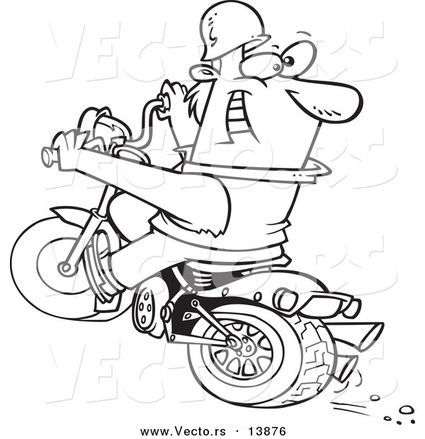 Vector of a Cartoon Biker Riding a Blue Hog and Looking Back - Coloring Page Outline