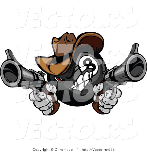 Vector of a Cartoon Billiards Eight Ball Mascot Cowboy Pointing 2 Guns While Grinning
