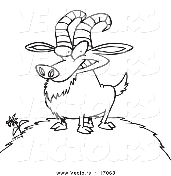 Vector of a Cartoon Billy Goat on a Hill - Coloring Page Outline