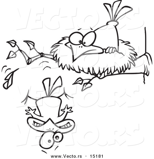 Vector of a Cartoon Bird Falling out of the Nest - Coloring Page Outline