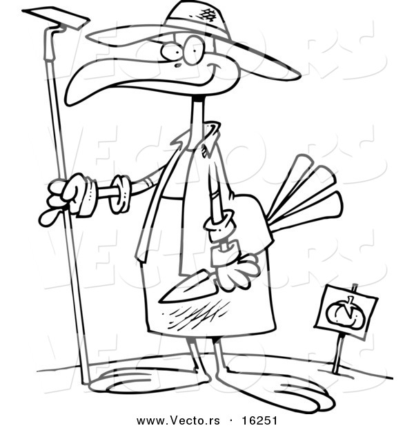Vector of a Cartoon Bird in a Tomato Garden - Outlined Coloring Page Drawing