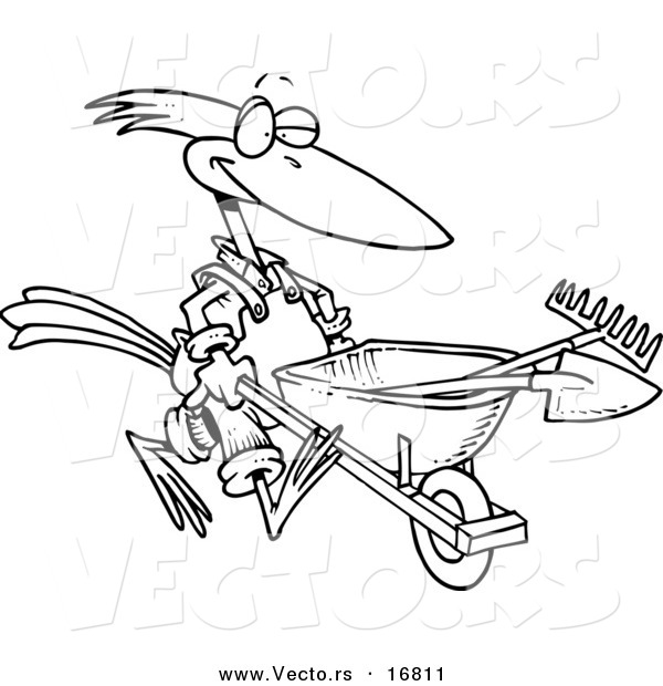 Vector of a Cartoon Bird Landscaper Pushing a Wheel Barrow - Coloring Page Outline