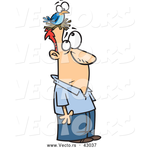 Vector of a Cartoon Bird Nesting on a Confused Man's Head