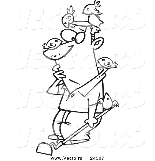Vector of a Cartoon Birds All over a Man Black and White Outline - Outlined Coloring Page
