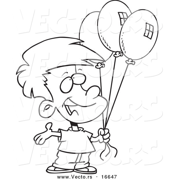 Vector of a Cartoon Birthday Boy Holding Three Balloons - Outlined Coloring Page Drawing