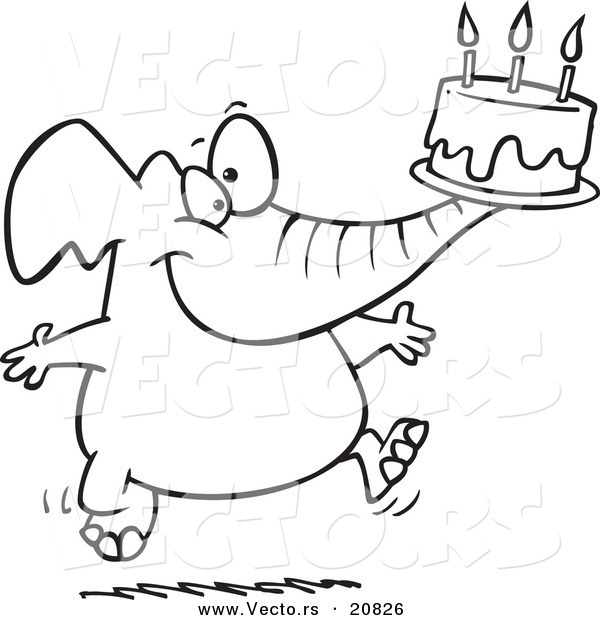 Vector of a Cartoon Birthday Elephant Carrying a Cake - Coloring Page Outline
