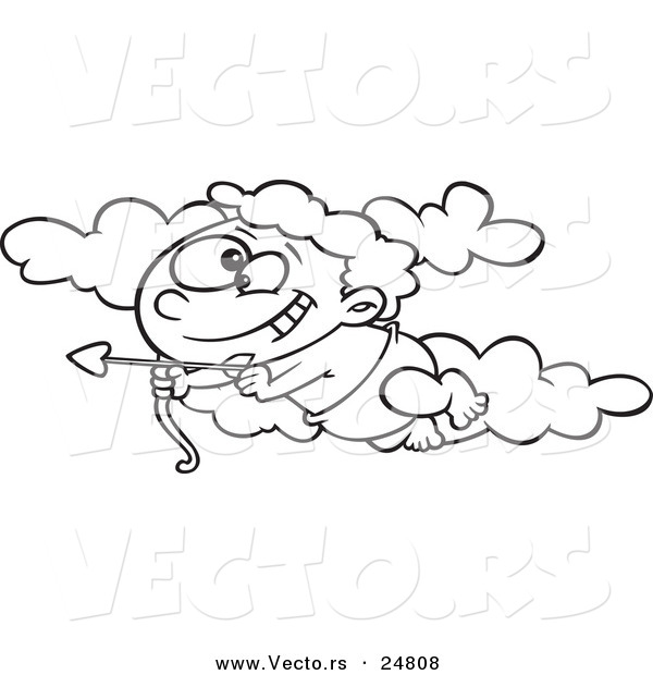 Vector of a Cartoon Black and White Outline Baby Cupid Flying in the Sky with an Arrow - Outlined Coloring Page