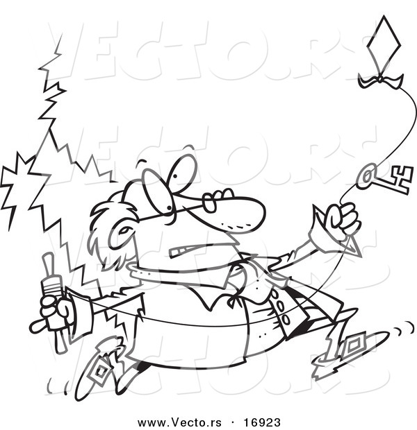 Vector of a Cartoon Black and White Outline Design of Ben Franklin Running with a Kite - Coloring Page Outline