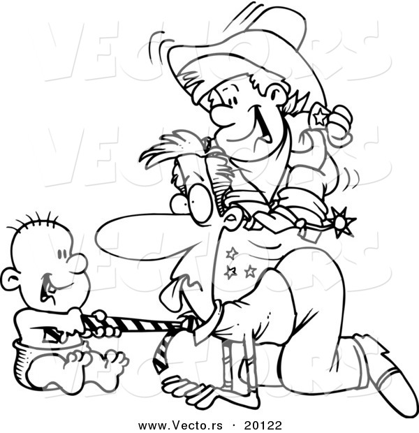 Vector of a Cartoon Black and White Outline Design of Boys Playing on the Floor with Their Dad - Outlined Coloring Page