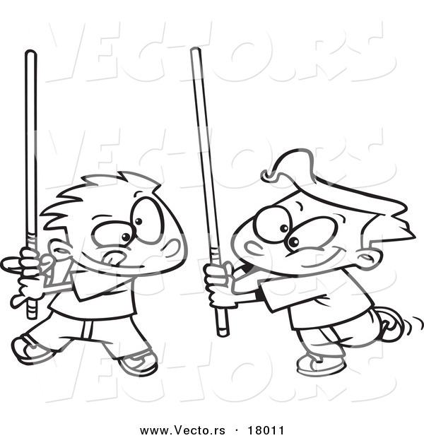 Vector of a Cartoon Black and White Outline Design of Boys Playing with Light Sabres - Outlined Coloring Page