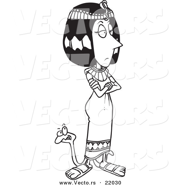 Vector of a Cartoon Black and White Outline Design of Cleopatra with a Snake - Outlined Coloring Page
