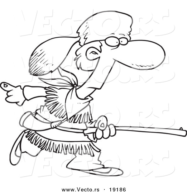 Vector of a Cartoon Black and White Outline Design of Davey Crocket Hunting - Outlined Coloring Page