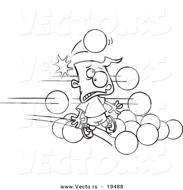 Vector of a Cartoon Black and White Outline Design of Dodgeballs Hitting a Boy - Outlined Coloring Page
