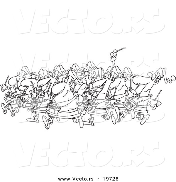 Vector of a Cartoon Black and White Outline Design of Drummers Drumming - Outlined Coloring Page